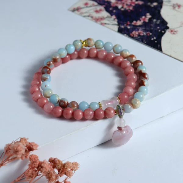 6mm Shoushan stone + 6mm pink beads + agate Ruyi lock