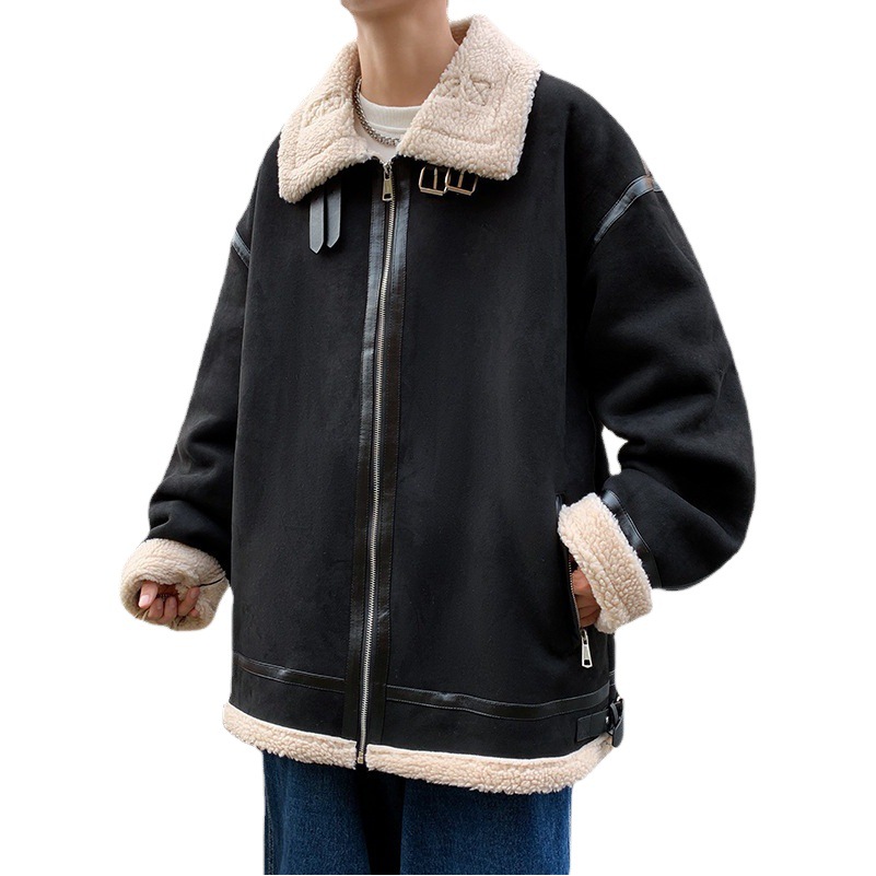 Abrigo de lana de cordero invierno de los Hombres estilo coreano Harajuku suelta marca de moda ins simple solapa de algodón acolchado chaqueta cardigan