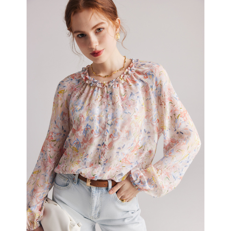 크루넥 버튼 스타일-핑크 꽃