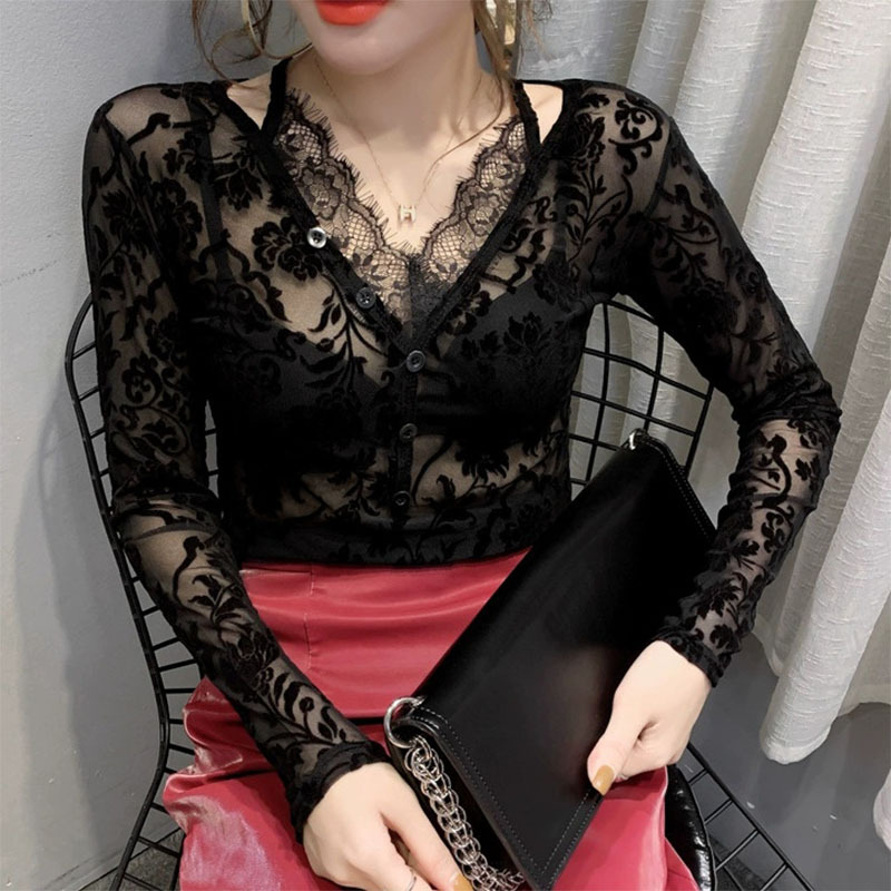 "Beflocktes V-Ausschnitt-Langarmshirt aus Mesh – Sonnenschutzbluse aus Hohlspitze für Damen"_voghion.com