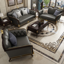 新款美式沙发轻奢真皮沙发123组合沙发黑檀简欧拉扣别墅客厅沙发Y