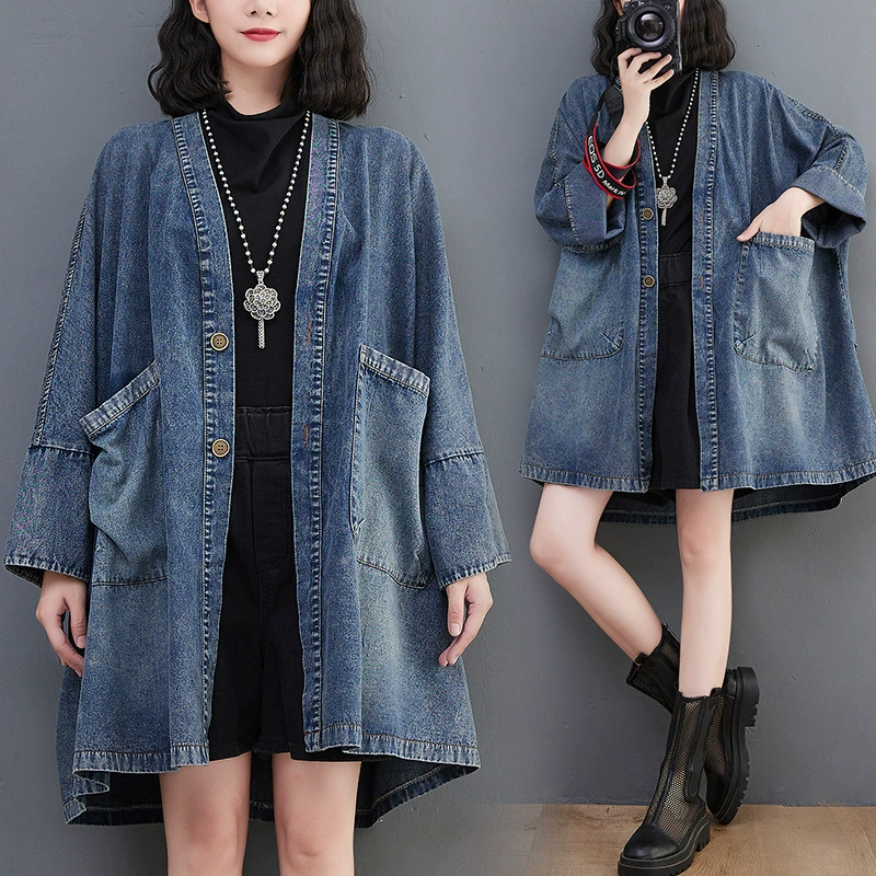 Retro denim autumn jacket, trench coat, 2022, V-neckline, oversize, mid-length