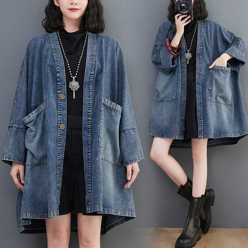 Retro denim autumn jacket, trench coat, 2022, V-neckline, oversize, mid-length