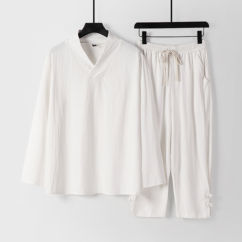 Plus-Size Linen Long Cardigan Casual Suit for Men, Loose-Fitting Tang-Style Cotton-Linen Cropped Pants, Chinese-Style Men's Outfit Set Plus-Size Linen Long Cardigan Casual Suit for Men, Loose-Fitting Tang-Style Cotton-Linen Cropped Pants, Chinese-Style Men's Outfit Set