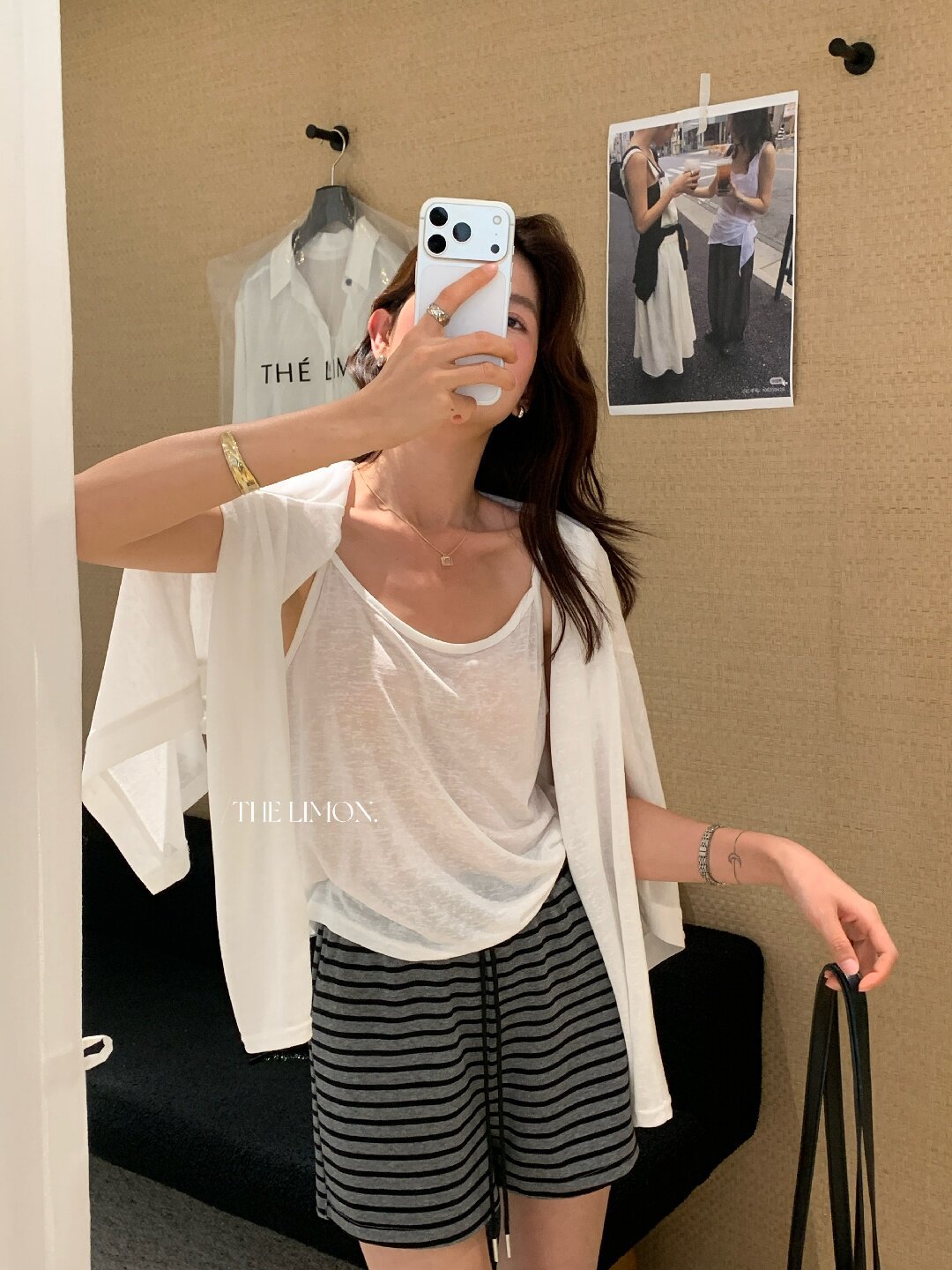 Bộ cardigan len mỏng kèm áo hai dây hai mảnh nữ mùa hè — Xám cacbon, xanh lam, màu hồng, Đậu xanh chi tiết 21