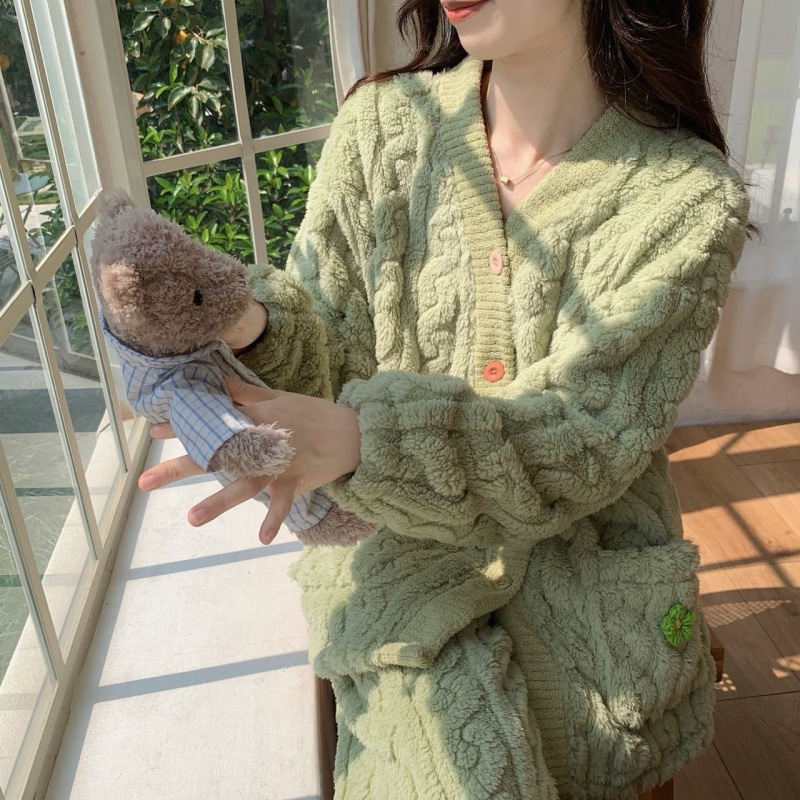 秋冬新款居家服女提花毛绒家居服女秋冬珊瑚绒睡衣可外穿开衫套装|undefined