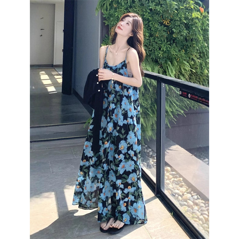 Seaside Vacation Blue Floral Suspender Dress for Women 2025 Spring and Summer Knitwear Elegant Chiffon Beach Dress