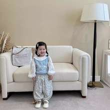 韩版童装2025新款春季女童镂空衬衫卡通针织马甲碎花裤子三件套潮