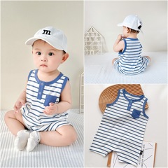 ins boys and girls infants baby sleeveless jumpsuit 2024 summer striped shorts romper children's outing