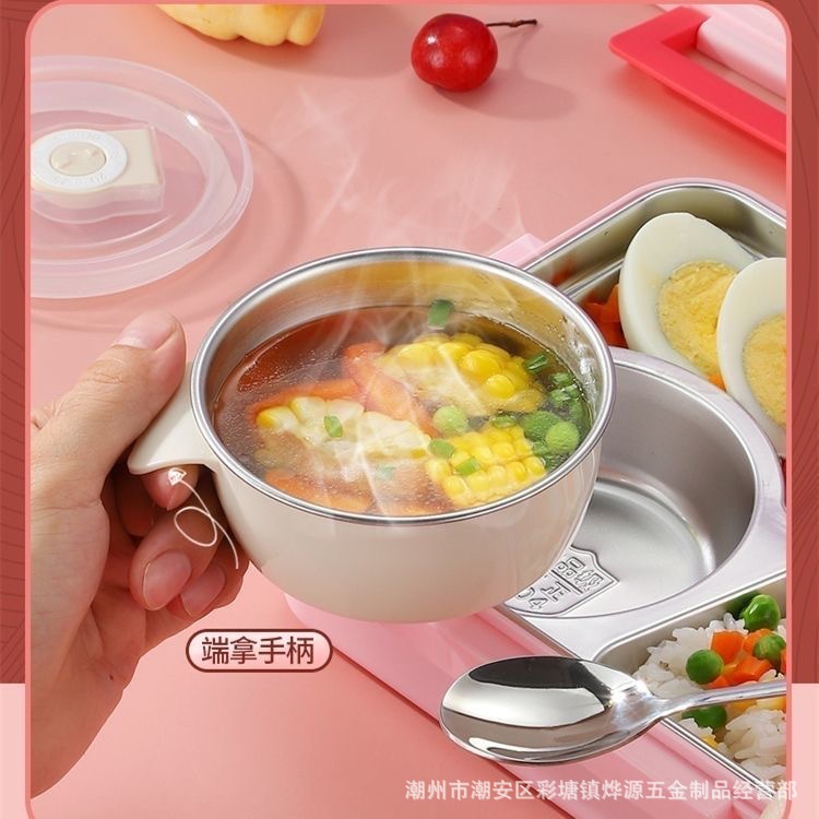 Suplemento alimenticio para niños de acero inoxidable 304 Tazón de fuente de mantenimiento fresco tazón pequeño tazón de sopa sellado con tapa anti-escaldado anti-caída bebé tazón con mango