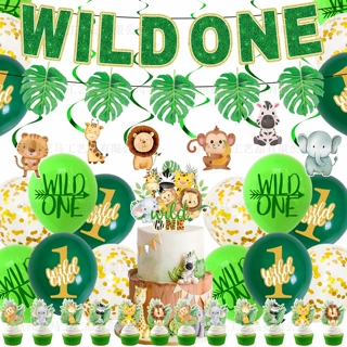 狂野动物派对装饰用品WILD ONE森林动物拉旗蛋糕插牌螺旋气球套装