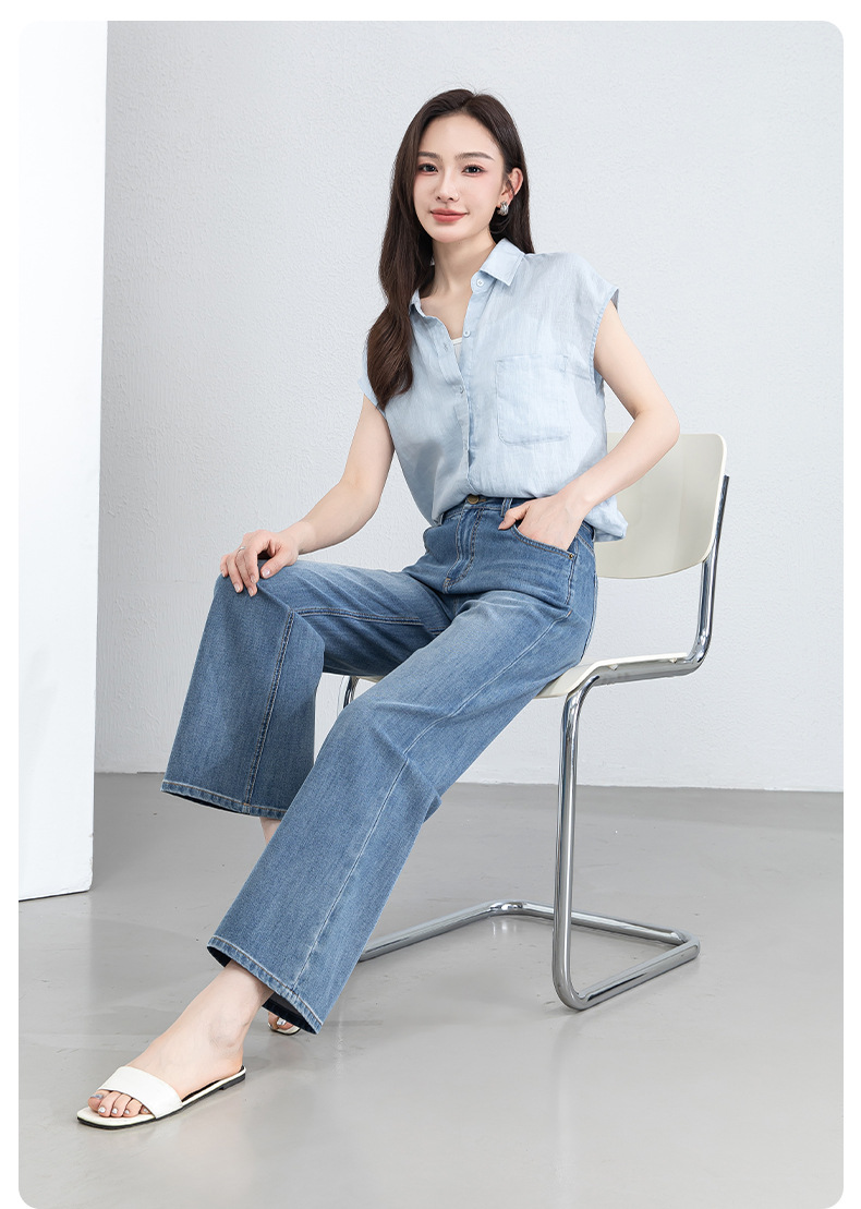Quần jean nữ ống loa eo cao vải thun tứ diện mùa hè — xanh lam chi tiết 22