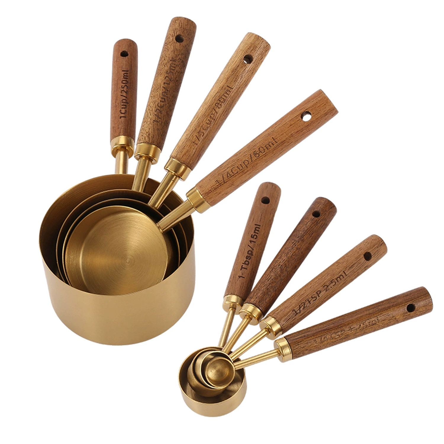 Set, golden measuring cup, measuring spoon contains rose, 8 pieces