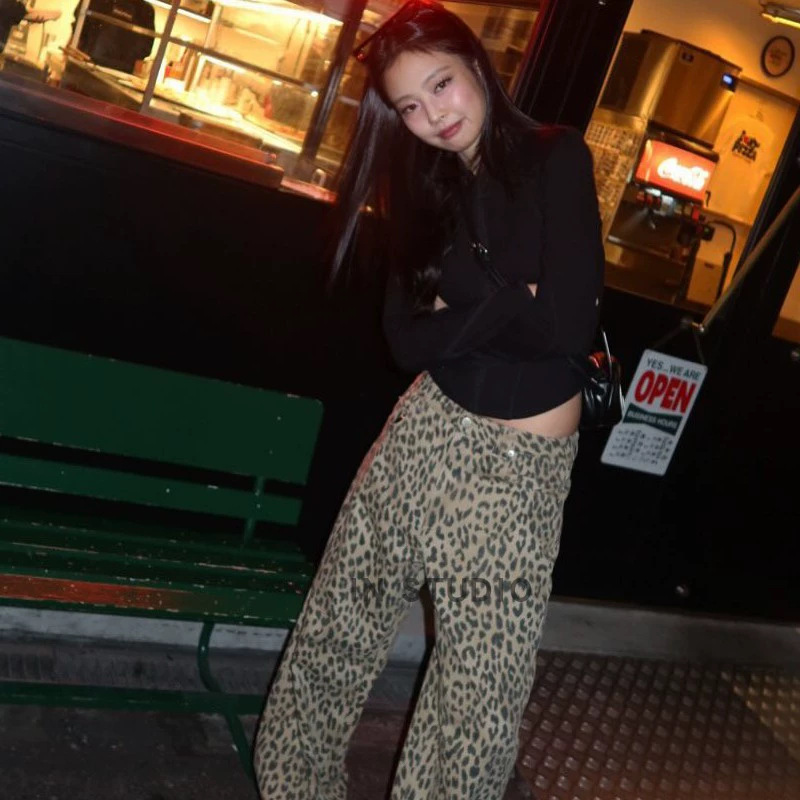 现货Jennie同款ORDE*韩国设计师潮牌宽松美式豹纹阔腿牛仔裤女休|undefined