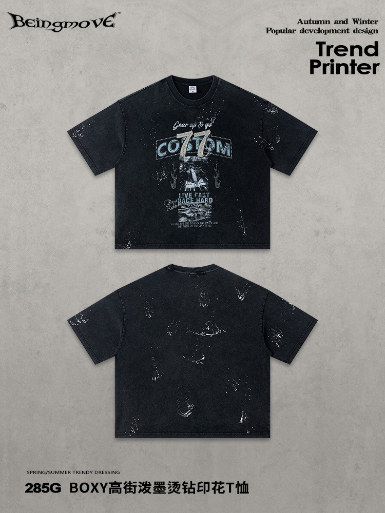 Calle secada| 2026 verano estilo americano de moda callejera algodón de manga corta retro impresión suelta camiseta de hombro para hombres image 3