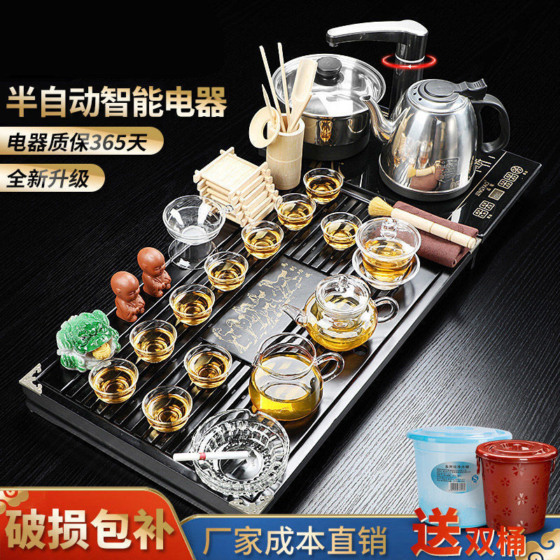 鑫浮龙半自动实木茶盘茶台特价清仓功夫茶具全套紫砂茶壶茶杯家用