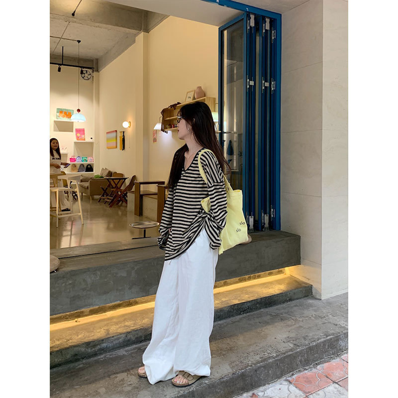 薄款条纹撞色长袖女U领T恤打底衫上衣春季宽松休闲防晒罩衫欧美|undefined