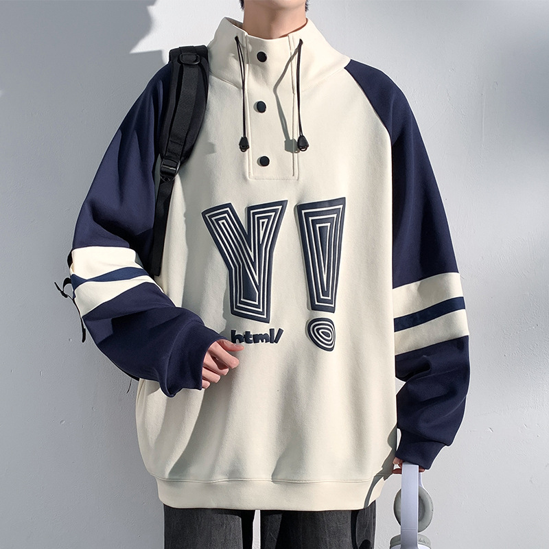 Felpa patchwork color-block da uomo, autunno 2025, colletto alto, stile americano high street, pesante, elegante,_voghion.com