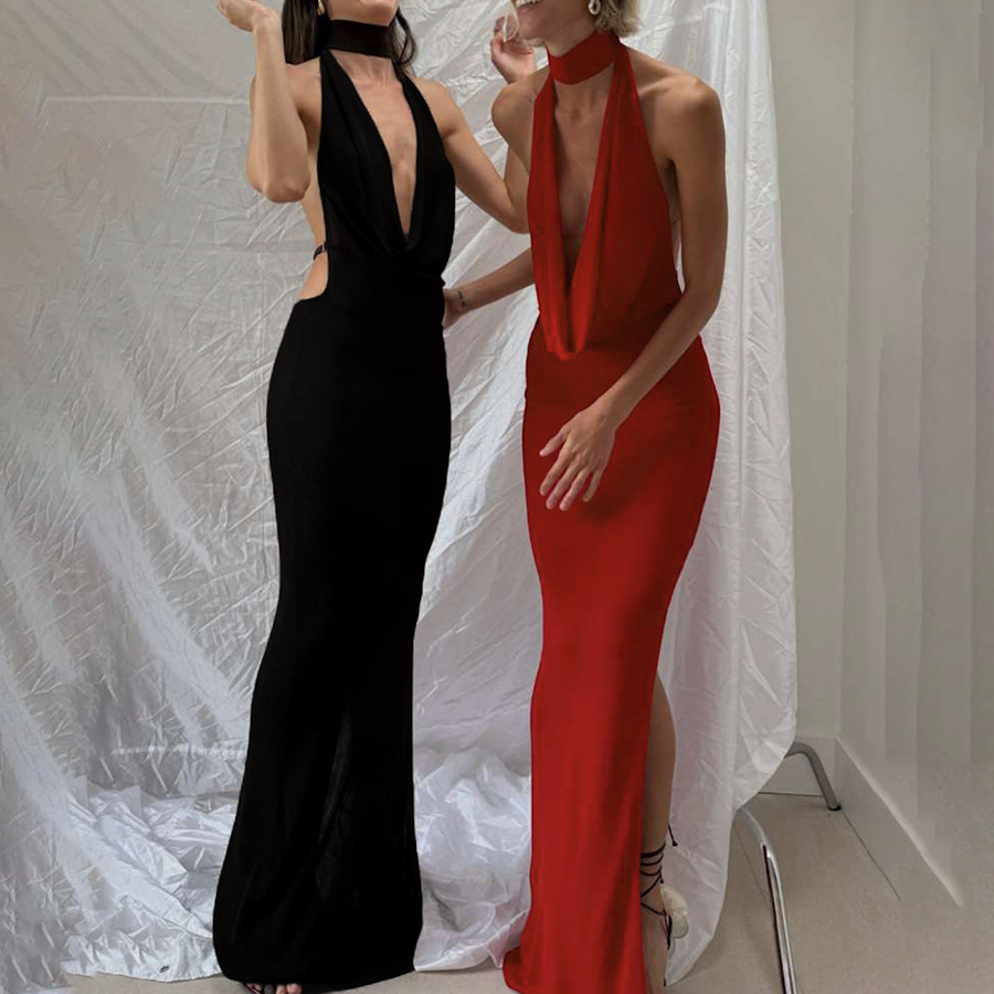 欧美批发女装2024秋冬新款气质性感挂脖V领露背侧开叉礼服连衣裙