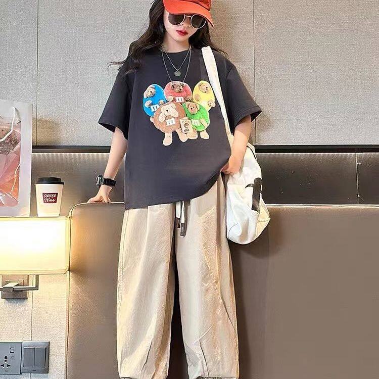 Girls' short-sleeved T-shirt, 2025 new summer style, children's pure cotton round neck half-sleeved top, girls' summer cartoon top, trendy.