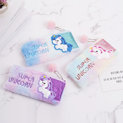 Cute Colorful Unicorn Pencil Case for Students, Large Capacity Bag, Storage Bag, Girly Heart Plush Stationery Cross-border Supply Batch