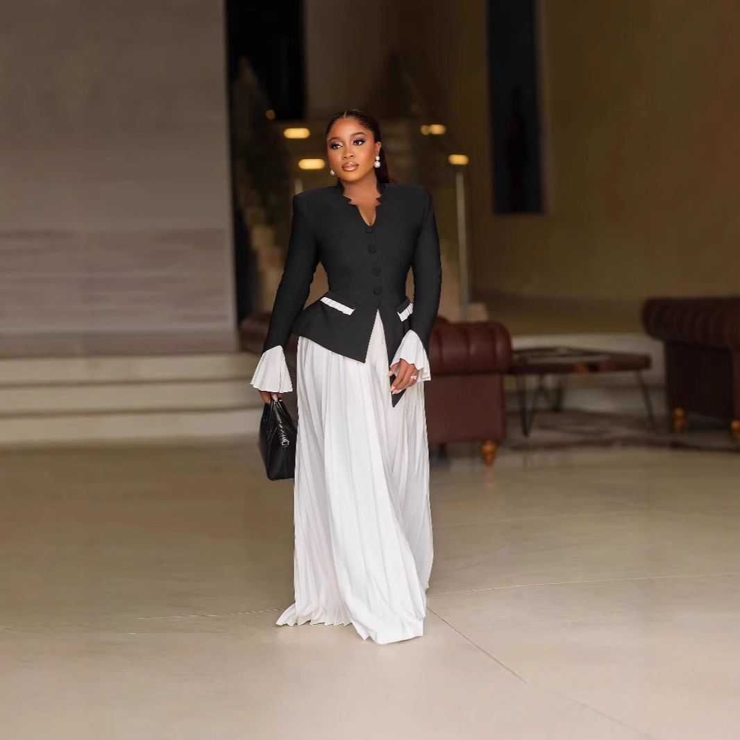 Women's Clothing spring and summer black large size fashion flared sleeve top & pleated pants suit_voghion.com