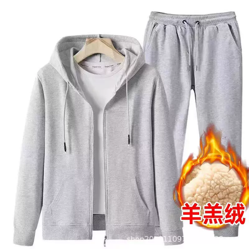 冬季羊羔绒套装男士加绒加厚休闲运动大码长裤宽松秋冬款保暖外套