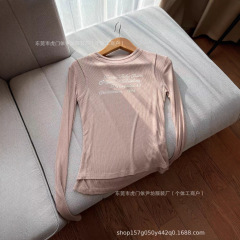 正确版25ss早秋新款小众设计奶茶色修身假两件字母印花薄款长袖女