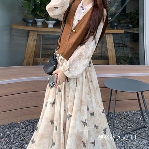Vest Fairy Floral Long Skirt Suit Women's Plus Size Fat mm French Romantic Gentle Long-Sleeved Dress