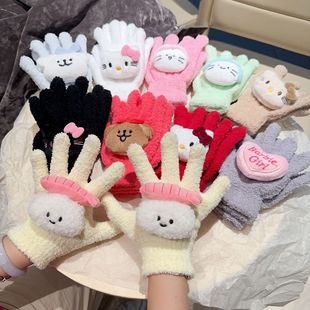 Winter cartoon DIY warm gloves coral velvet thickened five-finger outdoor cycling student couple cold-proof gloves