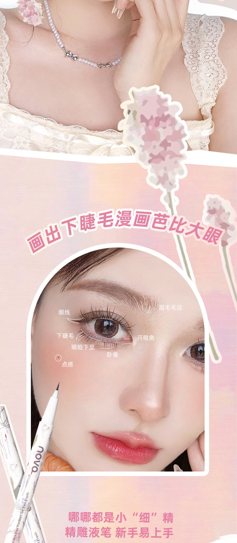 NOVO Double Eye Clipper Ultra-Fine Eyeliner Liquid Pen is waterproof and does not smudge the lower eyelashes. Beginner's eyeliner pen Application Scenario