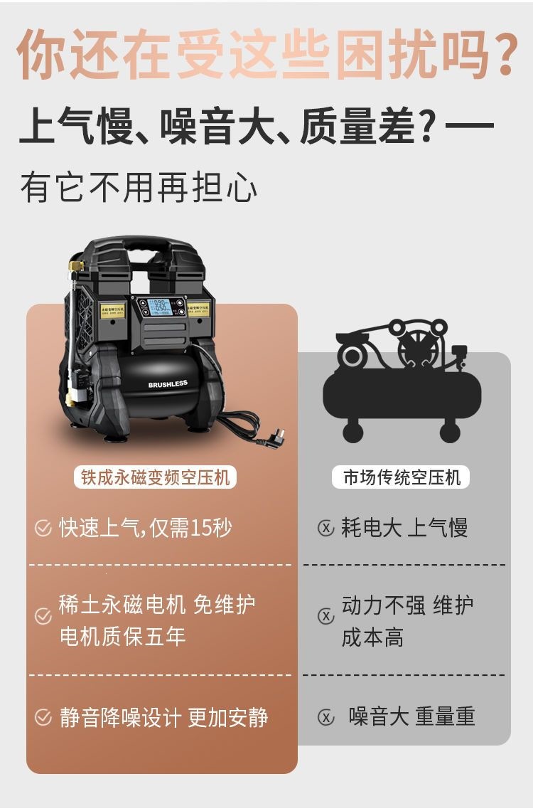Tiecheng Brushless Variable Frequency Air Compressor 220V Small Oil-Free Silent Air Pump Woodworking Spray Painting High-Pressure Air Compressor