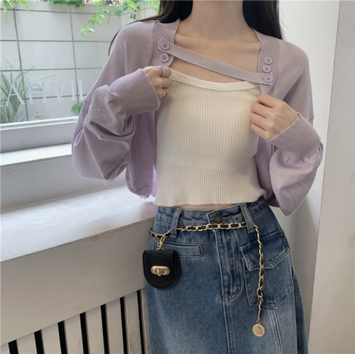 Korean sling outer air-conditioning blouse ice silk long-sleeved knitted sun protection cardigan women's thin short jacket summer