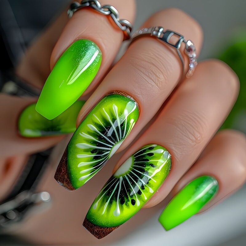 Cute Kiwi Nail Art Europe and America Wearing Nail Pieces Fluorescent Green Creative Fashion Design Ballet Nail False Nail TB50