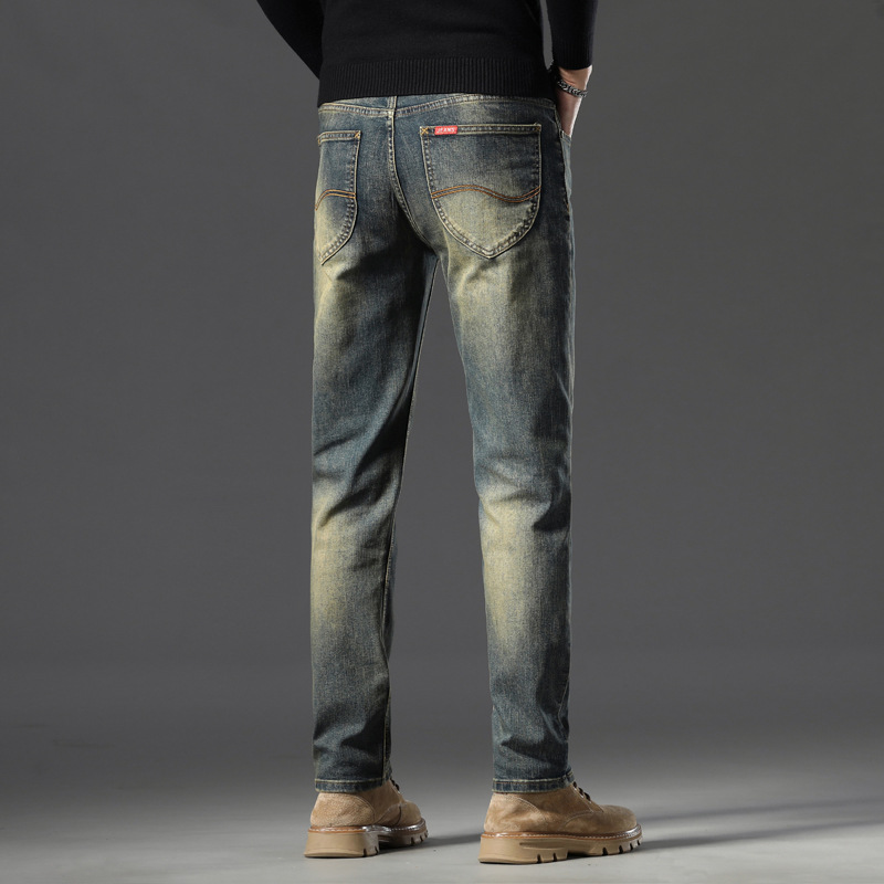 Pantalones vaqueros simples de los hombres rectos de otoño e invierno gruesos pantalones casuales de los hombres de la marca de moda retro estiramiento Delgado pantalones largos de los hombres