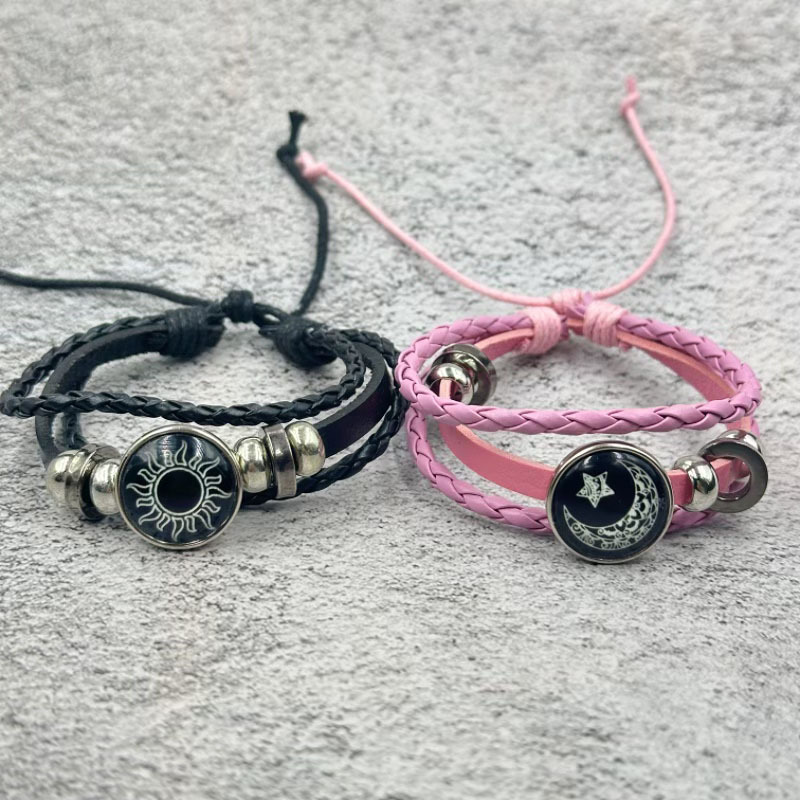 Luminous Sun and Moon Lovers Time Gemstone Bracelet Couple Pair Vintage Handmade Multi-Layer Beaded Woven Leather Bracelet