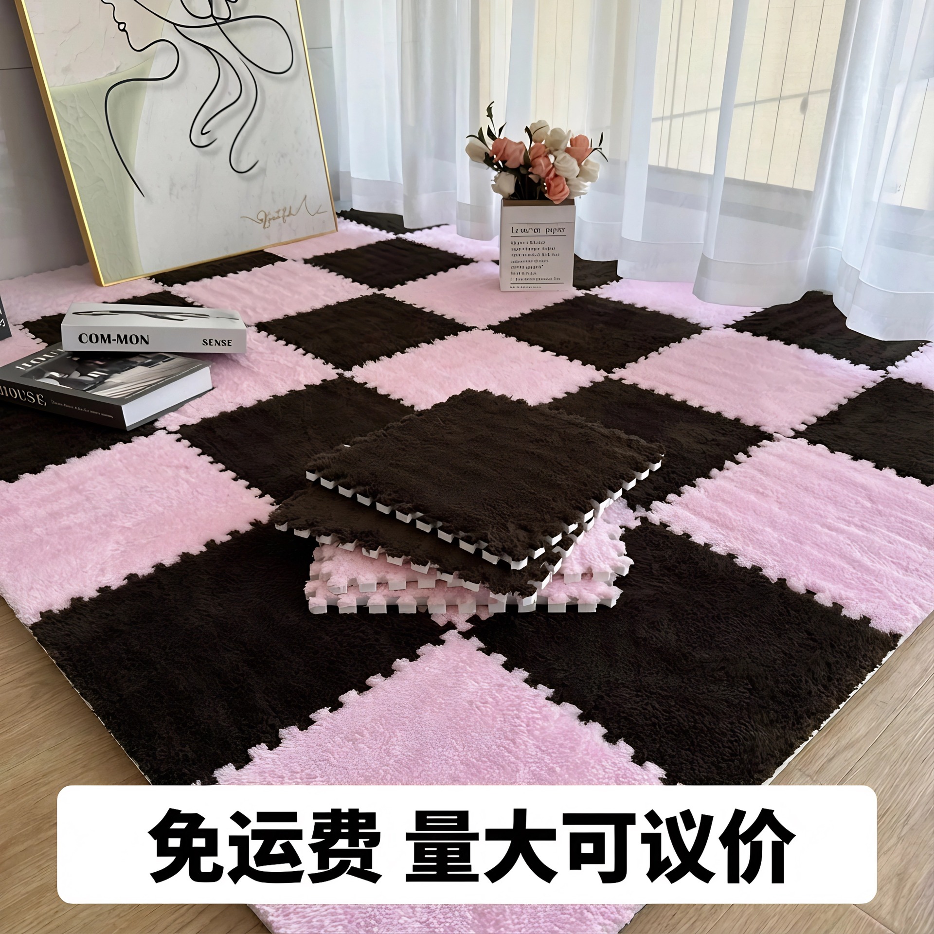 Alfombra de empalme cuadrada alfombra de cama de dormitorio, alfombra de algodón caliente rusa, estilo moderno y ligero de lujo