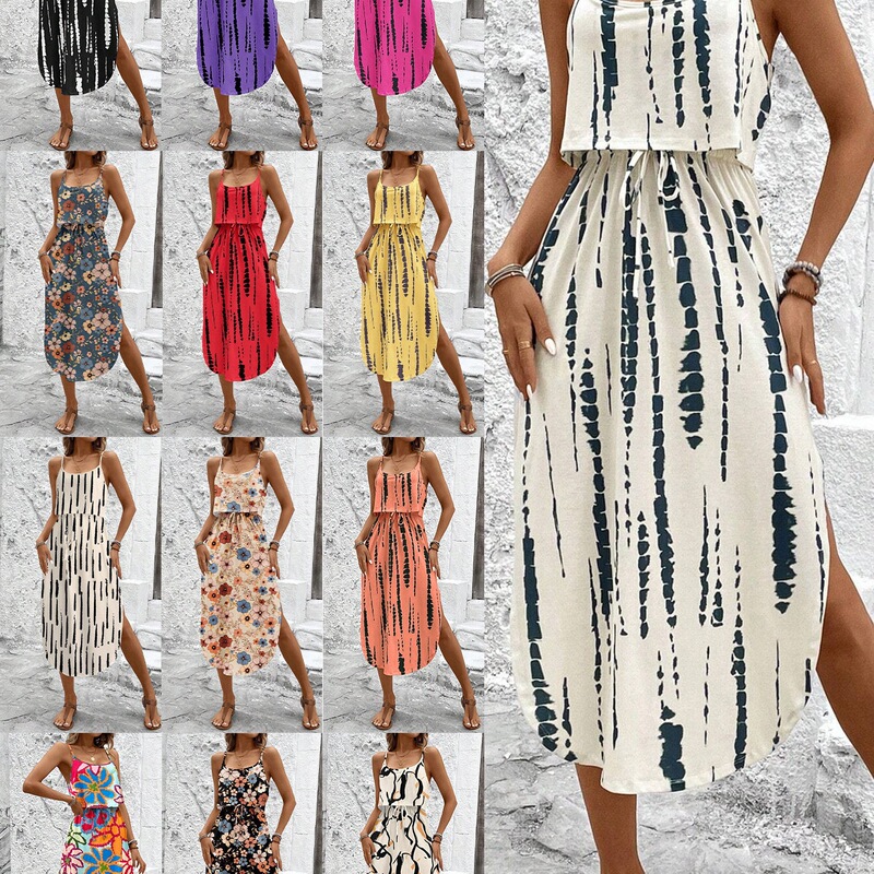 Plus-Size Printed Spaghetti Strap Dress, European and American Style, Tk Mexico Hot-Selling Vacation Style, Waist-Cinching, Slit, Mid-Length, Real Photos, in Stock