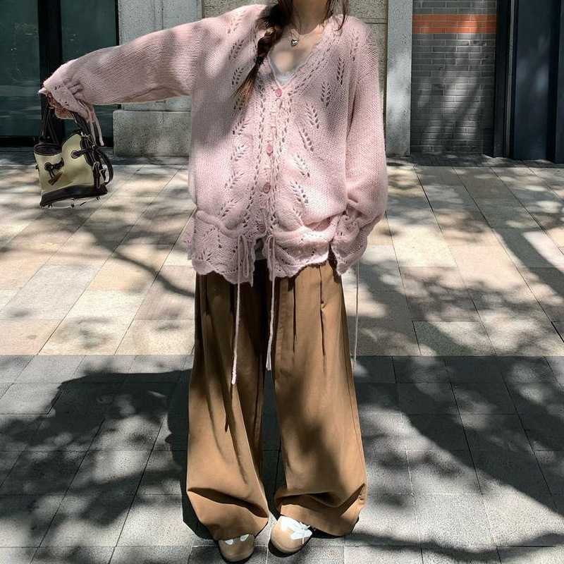 温柔抽绳钩花毛衣花边吊带套装粉色开衫紫色开衫其它其他|undefined
