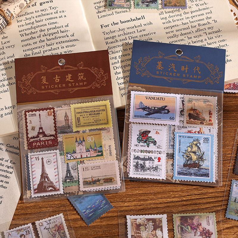 Ins Cross-Time Post Office Vintage Art Stamp Pegatinas Material decorativo Cuenta a mano bricolaje Sello Collage Autoadhesivo
