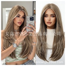 浅棕色新款假发中分挑染自然层次长卷发全头套欧美化纤时尚女hair