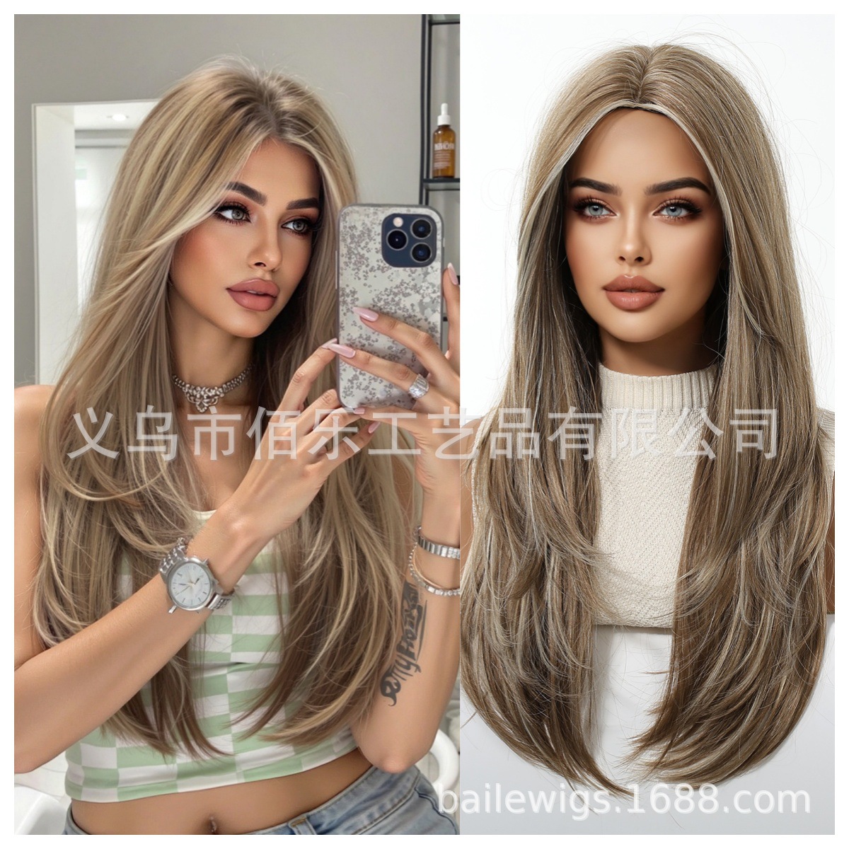 浅棕色新款假发中分挑染自然层次长卷发全头套欧美化纤时尚女hair