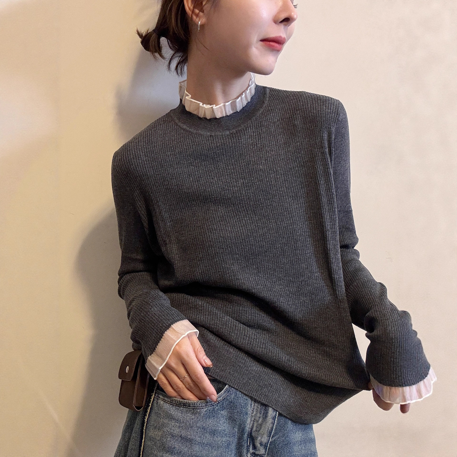 小半高领拼接羊毛针织衫女欧洲站2025秋装新款欧货女装打底小衫潮