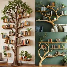 墙壁置物架创意格子卧室装饰简约客厅创意实木艺术树形墙壁书架
