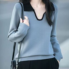 2025新款polo领女长袖针织薄款t恤早秋新款上衣外穿翻领毛衣小衫