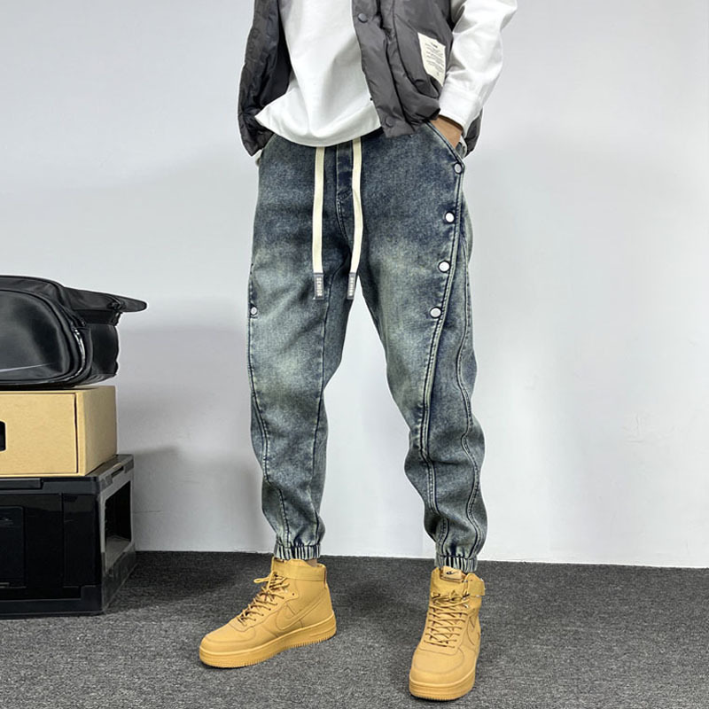 Vintage Washed Blue Jeans Men's 2024 Summer Trendy Brand Loose-fit Harem Trousers with Ripe Handsome Buckle Casual Pants