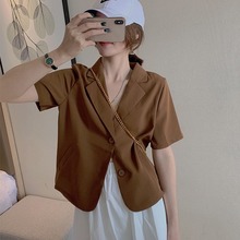 夏季薄款短袖西装外套女宽松韩版垂感短款小个子西服开衫外搭上衣