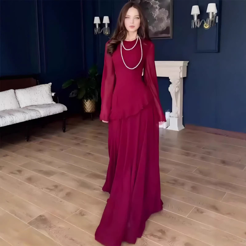 Amazon European and American Cross-Border 2025 Spring New Style Elegant Long-Sleeved Long Dress Slim-Fit Dress for Women with a Graceful and Elegant Look