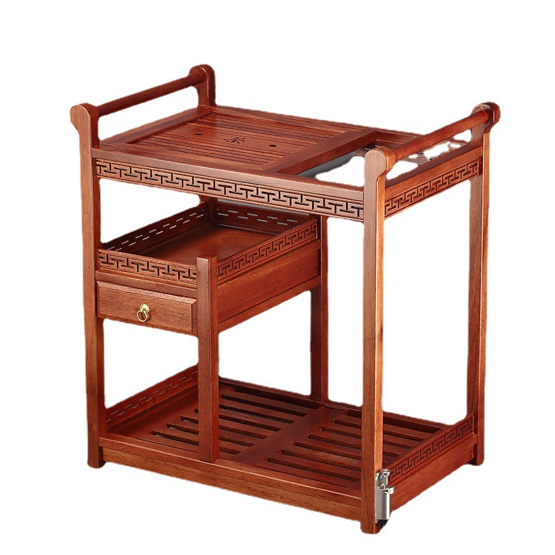 Pear solid wood movable tea cabinet for home with kettle integrated small tea table minimalist Chinese-style tea desk storage stand