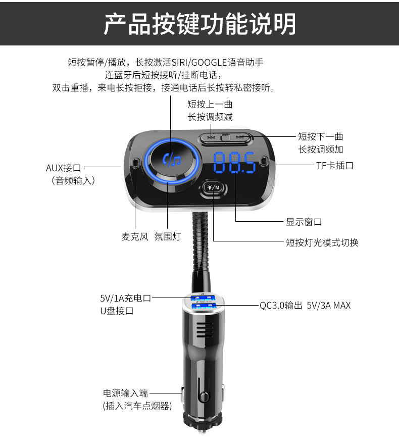 New car-mounted Bluetooth MP3 FM transmitter with QC3.0, colorful ambient lighting, and voice assistant
